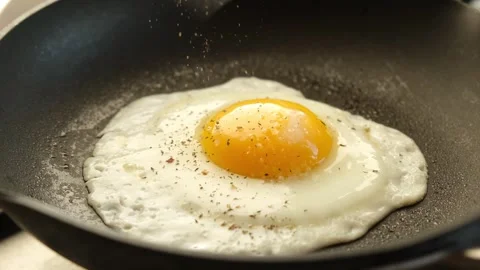 Fried with eggs with falling paper on a pan. tasty breakfast Stock Footage 308818870