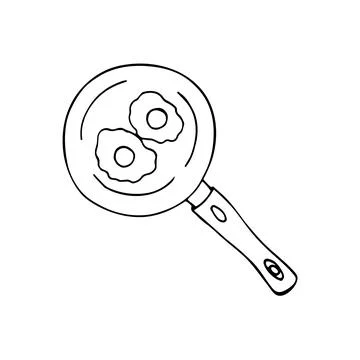 Fried eggs in a frying pan in a doodle style. Hand-drawn illustration isola.. Stock Illustration