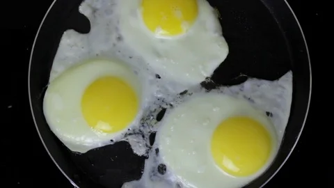 Fried eggs in a frying pan top view Stock Footage 119161386