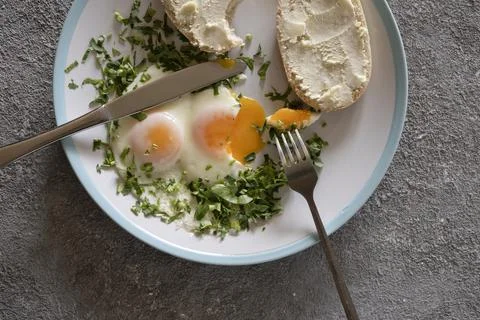 Fried eggs with greens close-up Fotos de archivo