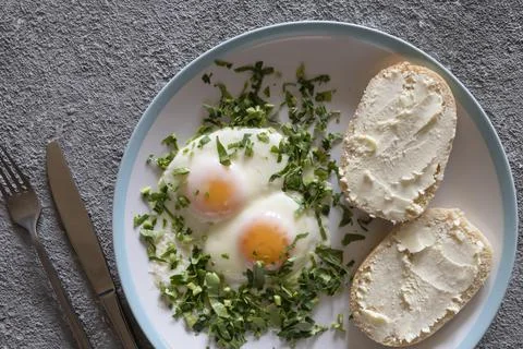 Fried eggs with greens close-up Stock-Fotos