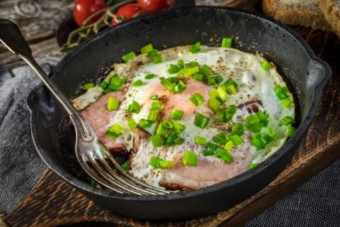 Fried eggs with ham. Stock Photos