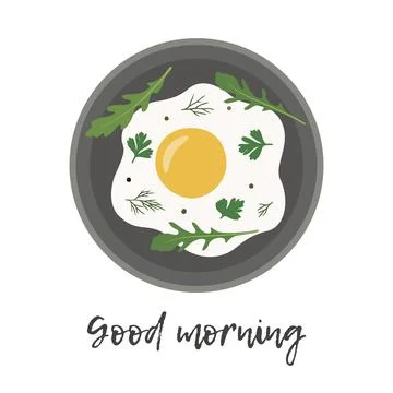 Fried eggs with herbs. Breakfast scrambled eggs. Stock Illustration