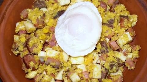 Fried eggs with meat on a plate Stock Footage 250615414