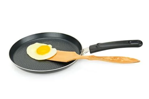 Fried eggs in a pan isolated on white background Stock Photos