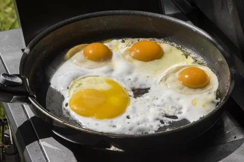 Fried eggs in pan Stock Photos