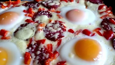 Fried eggs on pizza with salami Stock Footage 225033427
