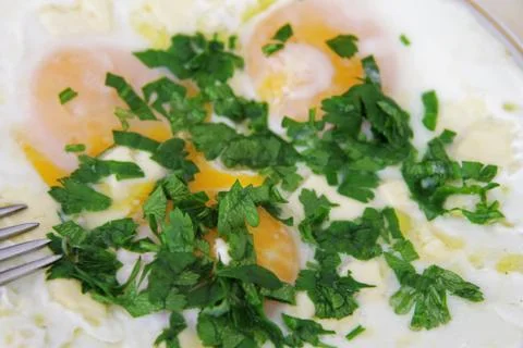 Fried eggs on the plate with a fork Stock Photos