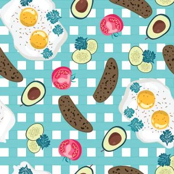 Fried eggs, rye bread and vegetables background Illustrazione stock