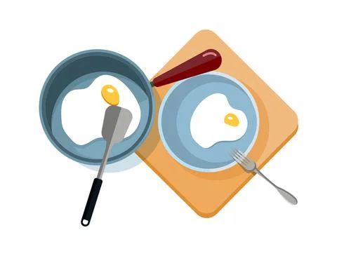 Fried eggs. Scrambled eggs in pan and on plate. Isolated breakfast cooking, food 库存插图