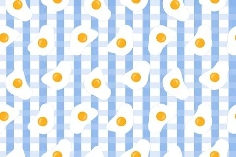 Fried eggs seamless pattern. Cooked eggs on blue tablecloth. Illustrazione stock