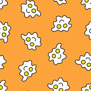 Fried Eggs Seamless Pattern. Doodle Fried Eggs. Stock Illustration