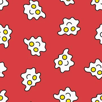 Fried Eggs Seamless Pattern. Doodle Fried Eggs. Stock Illustration