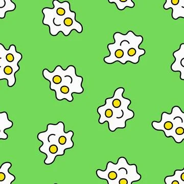 Fried Eggs Seamless Pattern. Doodle Fried Eggs. Stock Illustration