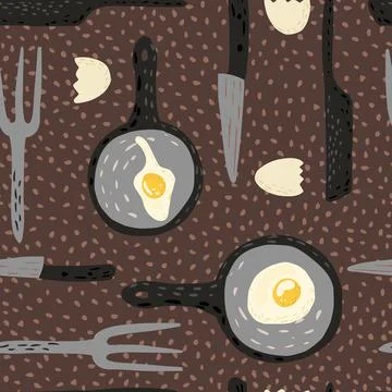 Fried eggs seamless pattern. Fried egg in pan with fork, knife and eggshell o Stock Illustration