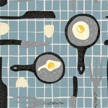 Fried eggs seamless pattern on stripe background. Fried egg in pan with fork, Stock Illustration