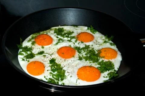 Fried eggs in a skillet. Stock Photos