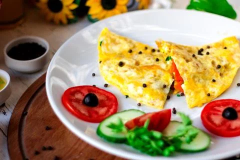 Fried eggs with sliced vegetables Stock Photos