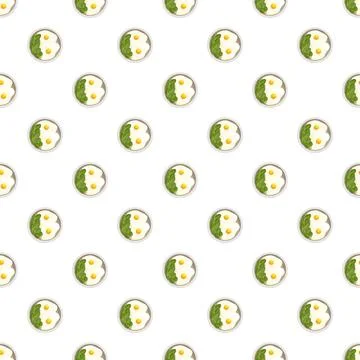 Fried eggs with spinach seamless pattern food illustration Stock Illustration