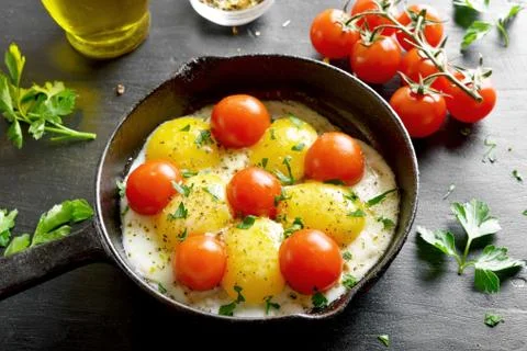 Fried eggs with tomatoes Stock Photos