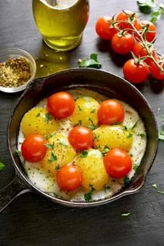 Fried eggs with tomatoes Stock Photos
