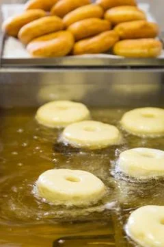 Fried equal round doughnuts in deep-fryer Stock Photos
