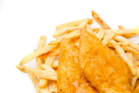 Fried Fish and Chips on a White Background Stock Photos