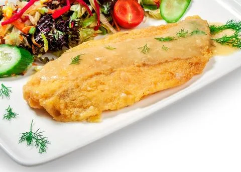 Fried fish in batter with vegetables Stock Photos