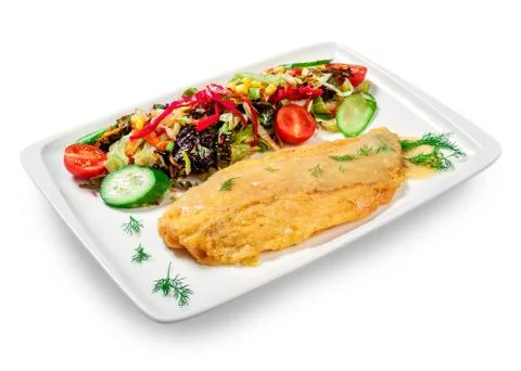 Fried fish in batter with vegetables Stock Photos