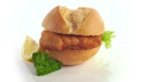 Fried Fish in a Bun turn around animation - Fast Food on a turntable isolated Stock Footage 172500390