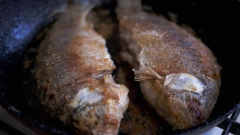 Fried Fish Cooking in a Pan This Scene Represents a Delicious Culinary Stock Footage 312014618
