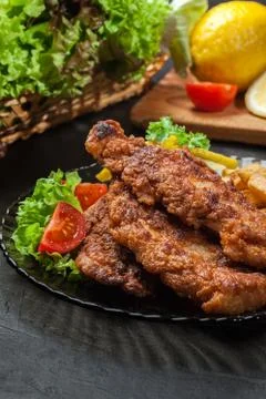 Fried fish in crispy batter with chips Stock Photos