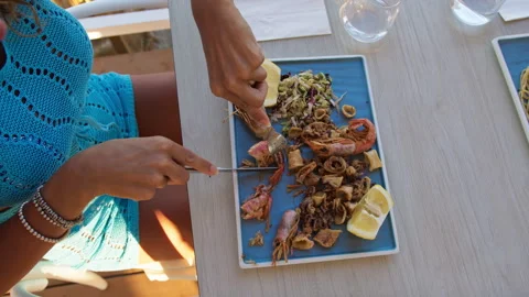 Fried Fish At Lunch In The Resort Overhead Shot Stock Footage 282582288
