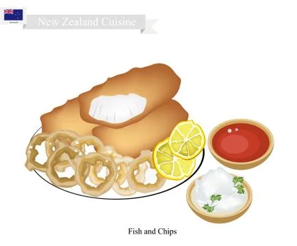 Fried Fish with Onion Ring, Popular Dish of New Zealand Stockillustratie