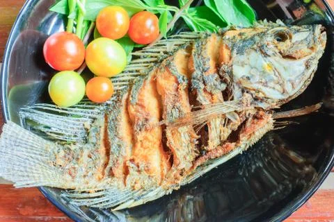 Fried fish in plate Stock Photos