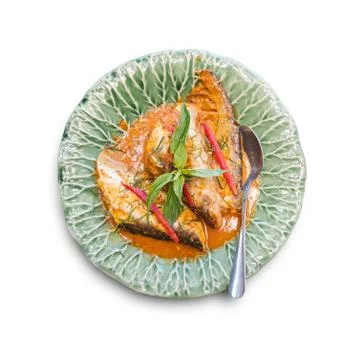 Fried Fish with Red Curry Paste Chu Chee Pla, Traditional Thai food isolated  Stock Photos