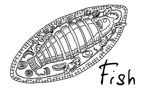 Fried fish stuffed sketch drawing doodle vector Stock Illustration