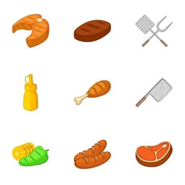 Fried food with kitchenware icons set 스톡 일러스트