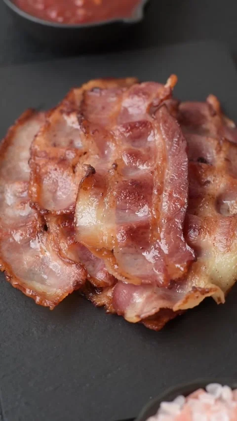 Fried fresh bacon slices with layers of meat or prosciutto with salt and spices. Stock-Footage 335377679