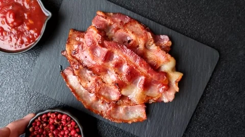 Fried fresh bacon slices with layers of meat or prosciutto with salt and spices. Stock-Footage 335377965