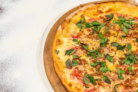 Fried Garlic Pizza with Basil on a Rustic Tomatoe Sauce Homemade Artesanale Clos Stock Photos