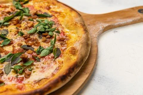 Fried Garlic Pizza with Basil on a Rustic Tomatoe Sauce Homemade Artesanale Clos Stock Photos