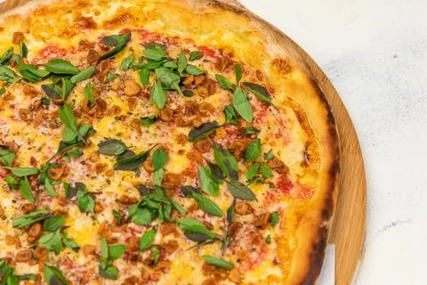Fried Garlic Pizza with Basil on a Rustic Tomatoe Sauce Homemade Artesanale Clos Stock Photos