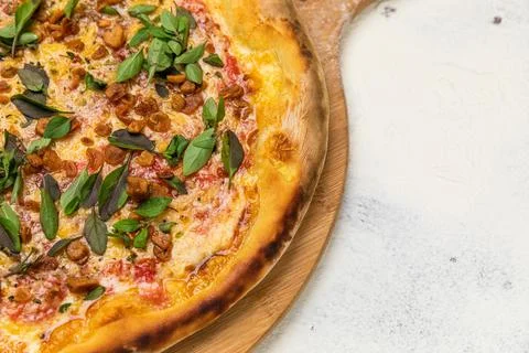 Fried Garlic Pizza with Basil on a Rustic Tomatoe Sauce Homemade Artesanale Clos Stock Photos