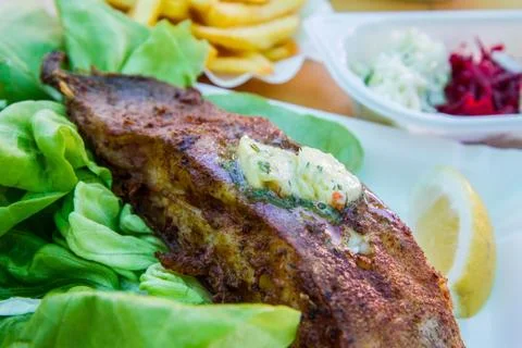 Fried halibut fish Stock Photos