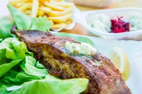 Fried halibut fish Stock Photos