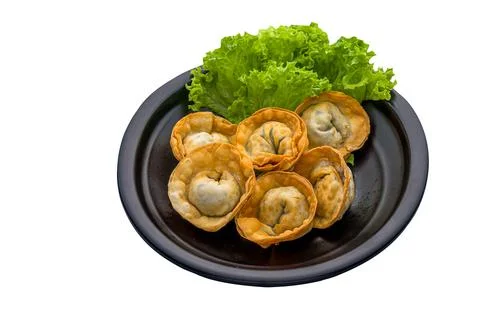 Fried handmade dumpling served in a dish isolated on white background side vi Stock Photos