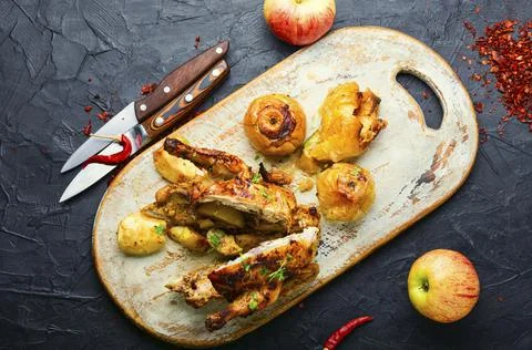 Fried hen with apples Stock Photos