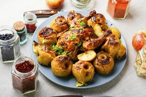 Fried hen with apples Stock Photos