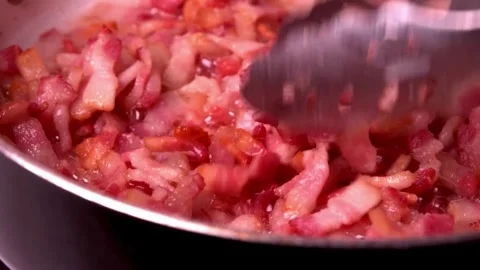 Fried hot bacon in pan. Suitable for home cooking content, recipe videos. 스톡 동영상 334643477